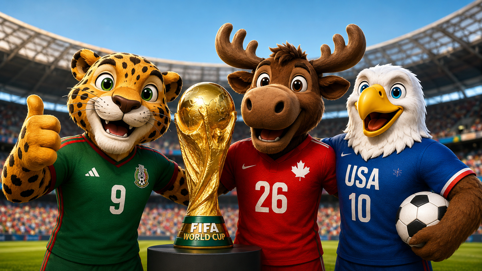 Cerimônia de abertura da Copa do Mundo 2026 com mascotes oficiais, troféu da FIFA e destaque para a estreia do Brasil.